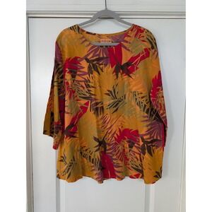 Iridium‎ Artsy Top women's XL red orange leaf print lagenlook boho blouse